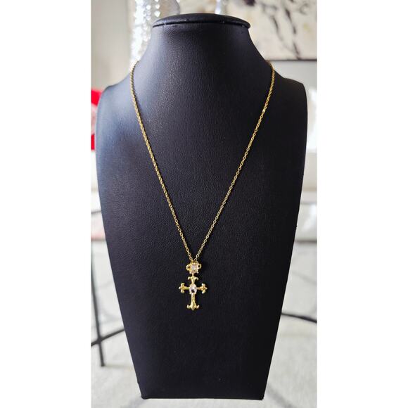 Stainless Steel Gold Rhinestone Ctoss Necklace New - Picture 3 of 5